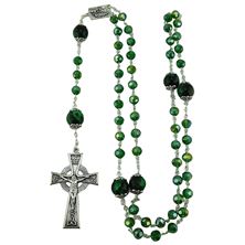GREEN GLASS BEAD ROSARY WITH OUR LADY OF LOURDES CENTERPIECE AND CELTIC CRUCIFIX