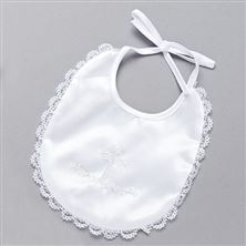 BAPTISMAL BIB WITH EMBOSSED CROSS AND LACE TRIM
