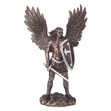 SAINT MICHAEL WITH SHIELD COLD CAST BRONZE WITH PEWTER STYLE ACCENTS