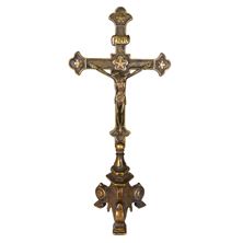 DOUBLE SIDED ANTIQUED BRASS STANDING CRUCIFIX