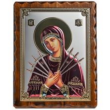 OUR LADY OF SEVEN SORROWS PURE SILVER ICON WITH COLOR (9” x 11½”)