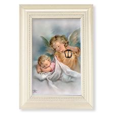 GUARDIAN ANGEL WITH LANTERN -  WHITE PEARL FRAME - 5½” x 7”