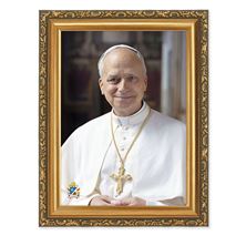 POPE LEO XIV IN WHITE CASSOCK - ANTIQUED GOLD FRAME (5 ½” x 7”)