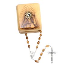 OLIVE WOOD ROSARY AND BOX WITH CLOTH TOUCHED TO JESUS' TOMB