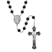 BLACK GLASS BEAD ROSARY WITH MIRACULOUS MEDAL CENTER