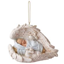 BABY JESUS IN BLUE SWADDLING RESTING WITH A LAMB IN ANGEL WINGS ORNAMENT 2 3/4"