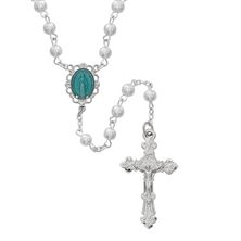 PEARL ROSARY WITH BLUE  MIRACULOUS MEDAL CENTER