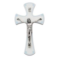 WHITE WOOD CRUCIFIX WITH BLUE TRIM