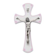 WHITE WOOD CRUCIFIX WITH PINK TRIM