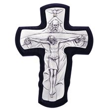 TRINITY CRUCIFIX ON BLACK STAINED WOOD PLAQUE
