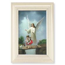 GUARDIAN ANGEL ON BRIDGE -  WHITE PEARL FRAME - 5½” x 7”