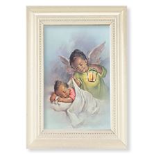 GUARDIAN ANGEL WITH LANTERN - WHITE PEARL FRAME - 5½” x 7”