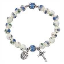 BLUE CERAMIC  ROSARY BRACELET - MIRACULOUS MEDAL and BENEDICTINE CRUCIFIX