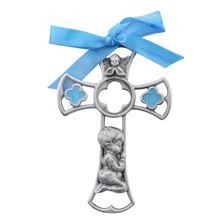 PRAYING BOY PEWTER CRIB CROSS WITH BLUE ENAMEL