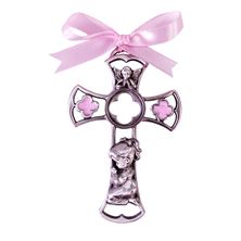 PRAYING GIRL PEWTER CRIB CROSS WITH PINK ENAMEL