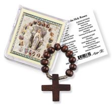 DARK BROWN WOOD BEAD ROSARY RING WITH CARD