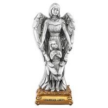 GUARDIAN ANGEL WITH GIRL FINE PEWTER STATUE