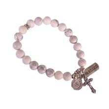 HOWLITE STONE ROSARY BRACELET WITH CRUCIFIX, MIRACULOUS MEDAL, AND BLESSED CHARM