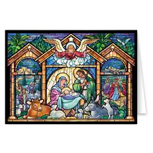STAINED GLASS NATIVITY - (15) BOXED CHRISTMAS CARDS (6 1/4" x 4 1/2")