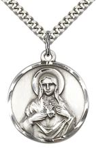 STERLING SILVER IMMACULATE HEART OF MARY PENDANT WITH CHAIN - 1" x 7/8"