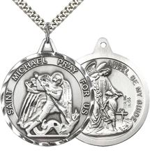 STERLING SILVER ST MICHAEL-GUARDIAN ANGEL PENDANT WITH CHAIN - 1 3/8" x 1 1/4"