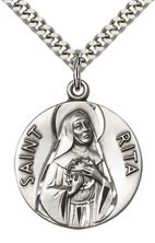 STERLING SILVER ST RITA OF CASCIA PENDANT WITH CHAIN - 1" x 7/8"