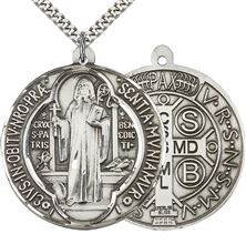 STERLING SILVER ST BENEDICT PENDANT WITH CHAIN - 1 5/8" x 1 3/8"