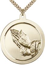 14KT GOLD FILLED PRAYING HAND PENDANT WITH CHAIN - 1 5/8" x 1 3/8"