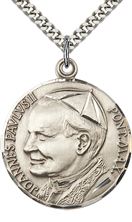 STERLING SILVER ST JOHN PAUL II PENDANT WITH CHAIN - 1 1/4" x 1 1/8"