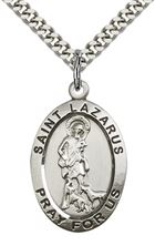 STERLING SILVER ST LAZARUS PENDANT WITH CHAIN - 1" x 5/8"