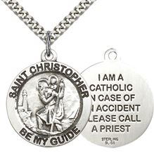 STERLING SILVER ST CHRISTOPHER PENDANT WITH CHAIN - 1" x 7/8"