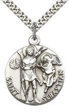 STERLING SILVER ST SEBASTIAN PENDANT WITH CHAIN - 1" x 7/8"
