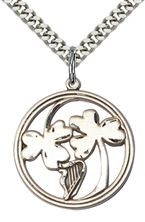STERLING SILVER IRISH SHAMROCK HARP PENDANT WITH CHAIN