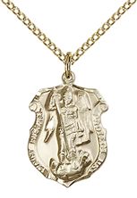 14KT GOLD FILLED ST MICHAEL THE ARCHANGEL SHIELD PENDANT WITH CHAIN - 3/4" x 1/2"