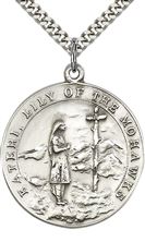 STERLING SILVER ST KATERI PENDANT WITH CHAIN - 1 1/4" x 1 1/8"
