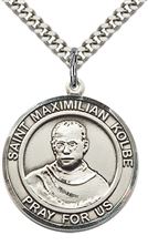 STERLING SILVER ST MAXIMILIAN KOLBE PENDANT WITH CHAIN - 1" x 7/8"