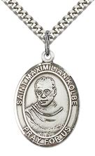 STERLING SILVER ST MAXIMILIAN KOLBE PENDANT WITH CHAIN - 1" x 3/4"