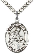 STERLING SILVER ST AMBROSE PENDANT WITH CHAIN - 1" x 3/4"
