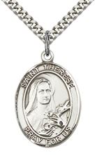STERLING SILVER ST THERESE OF LISIEUX PENDANT WITH CHAIN - 1" x 3/4"