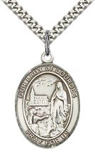 STERLING SILVER OUR LADY OF LOURDES PENDANT WITH CHAIN - 1" x 3/4"