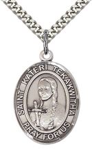 STERLING SILVER ST KATERI TEKAKWITHA PENDANT WITH CHAIN - 1" x 3/4"