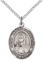 STERLING SILVER ST KATERI TEKAKWITHA PENDANT WITH CHAIN - 3/4" x 1/2"