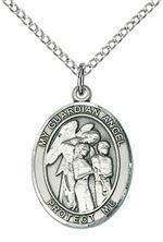 STERLING SILVER GUARDIAN ANGEL W-CHILDREN PENDANT WITH CHAIN - 3/4" x 1/2"