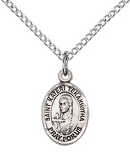 STERLING SILVER ST KATERI TEKAKWITHA PENDANT WITH CHAIN - 1/2" x 1/4"