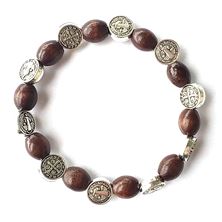 WOOD BEAD STRETCH BRACELET WITH ST. BENEDICT MEDALS