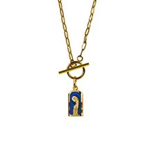 PAPER CLIP NECKLACE (16") - BLUE ENAMEL BLESSED MOTHER MEDAL