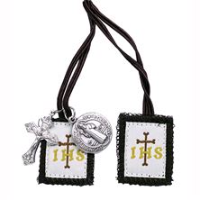 CHILDREN'S BROWN WOOL SCAPULAR WITH CRUCIFIX AND ST. BENEDICT MEDAL