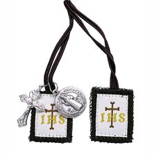 CHILDREN'S BROWN WOOL SCAPULAR WITH CRUCIFIX AND ST. BENEDICT MEDAL - BROWN CORD