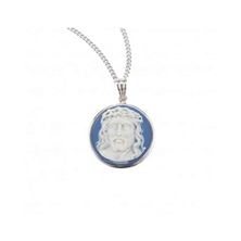 HEAD OF CHRIST LT. BLUE CAMEO IN SOLID STERLING SILVER FRAME ON 20" CHAIN