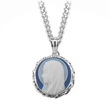 MADONNA BLUE CAMEO IN SOLID STERLING SILVER FRAME ON 18" CHAIN